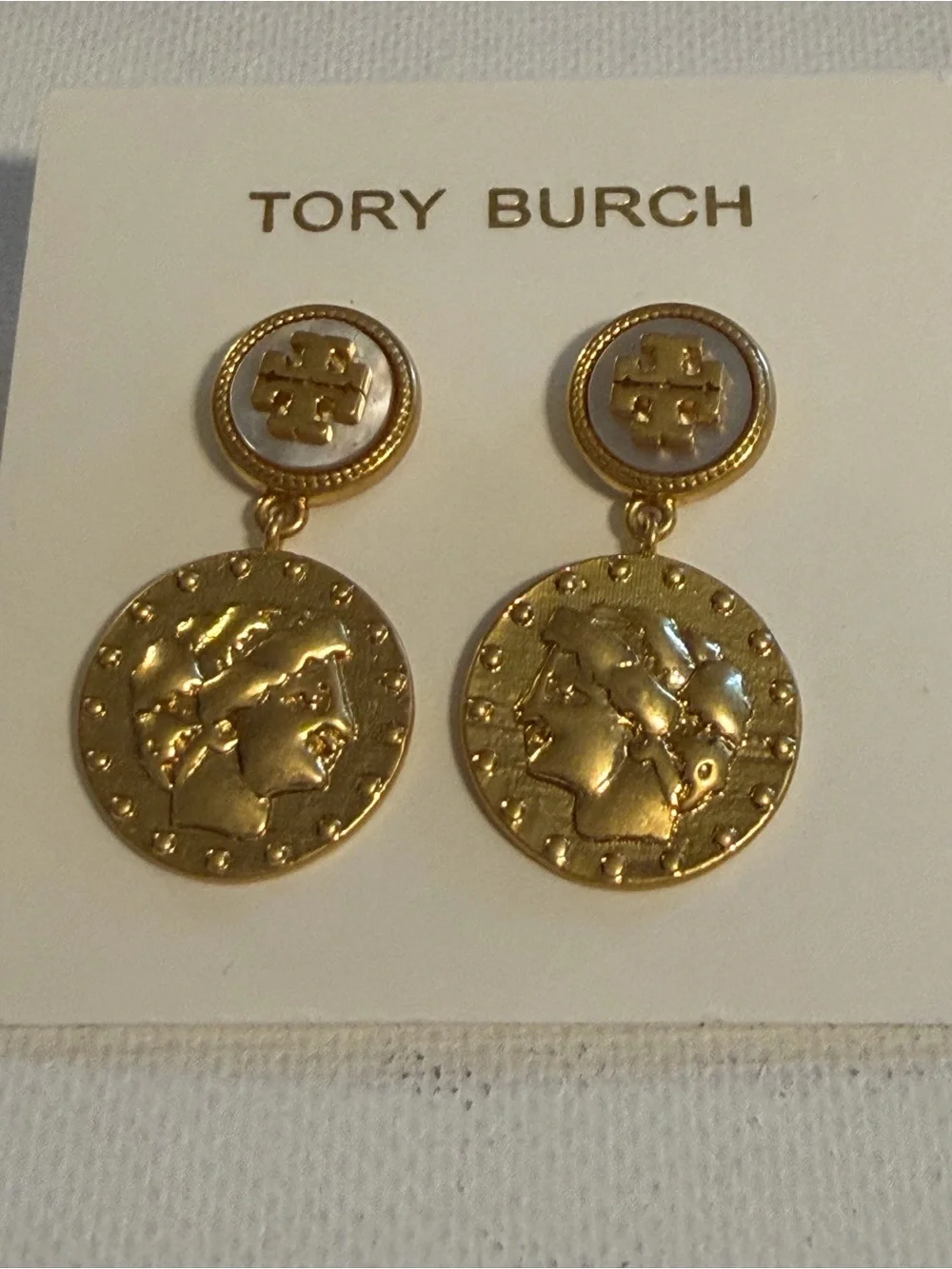 Tory Burch Gold Coin Drop Earrings Mother of Pearl Logo Medallion